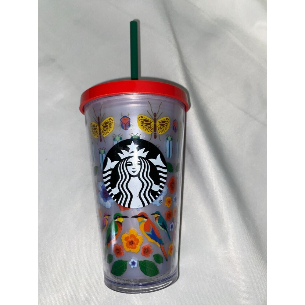 Starbucks Coffee Reusable 16oz Grande Birds and Flowers Cold Cup Straw logo